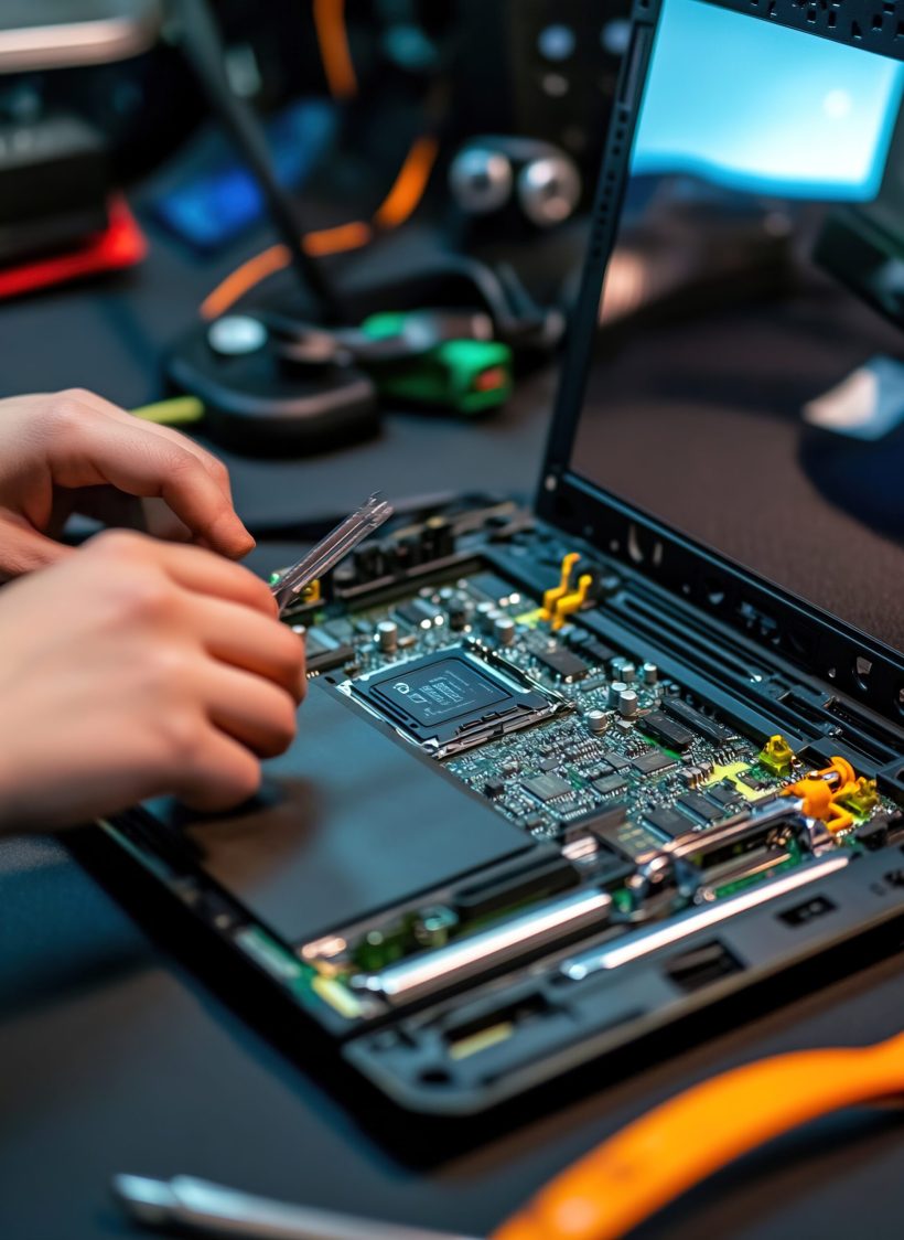 A person is repairing the interior of a laptop with tools.